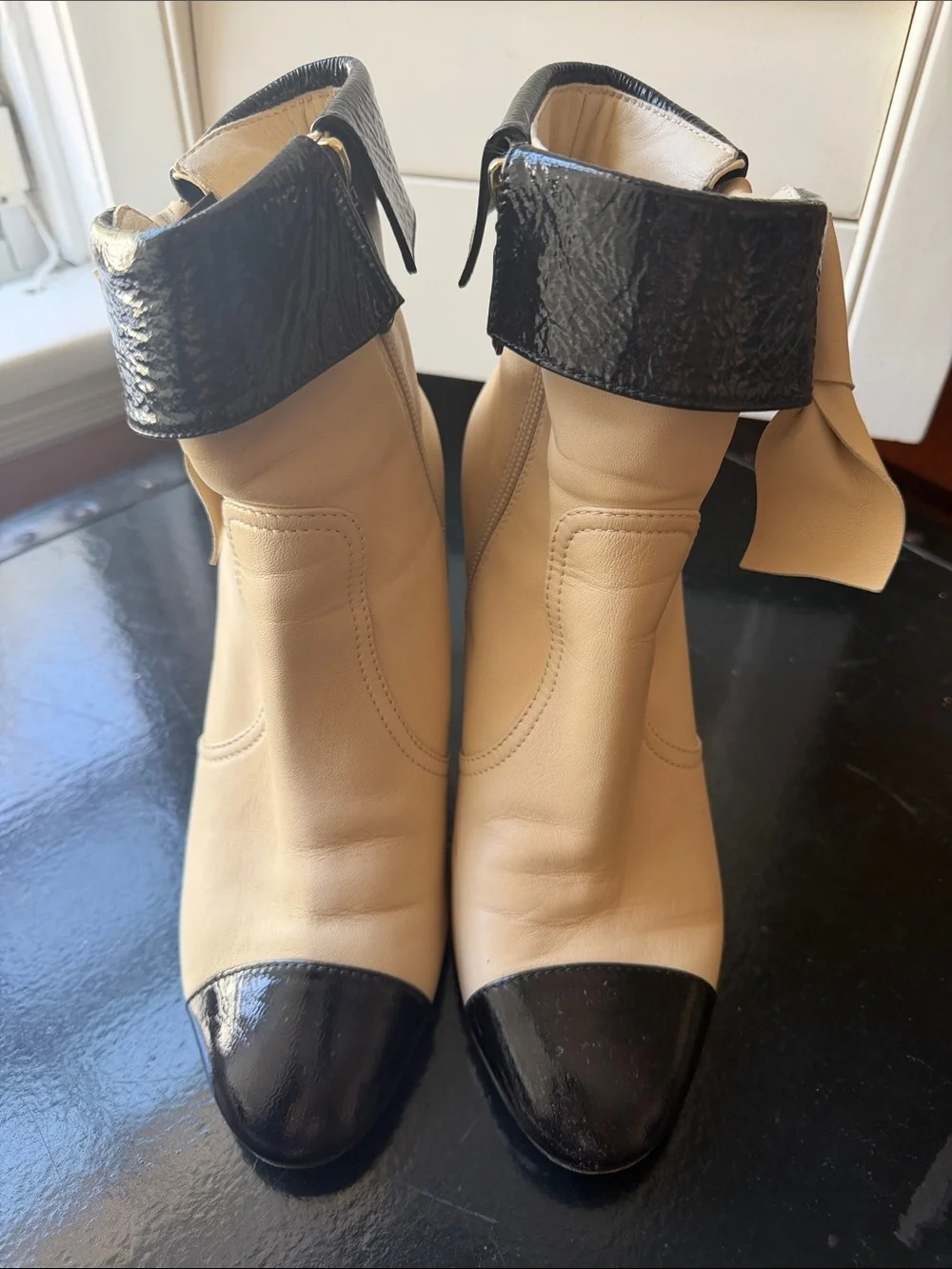 CHANEL Beige and Black Bow Accent Leather Ankle Boots